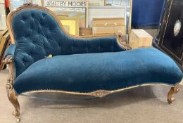 Victorian walnut framed and blue button upholstered high back chaise longue, 170cm long