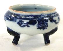 An unusual 18th Century Chinese export porcelain salt raised on three lion mask feet with blue and