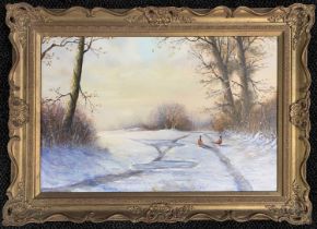 John Michael Parker (British, b.1957), A pair of Ring necked Pheasants in a winter landscape, oil on