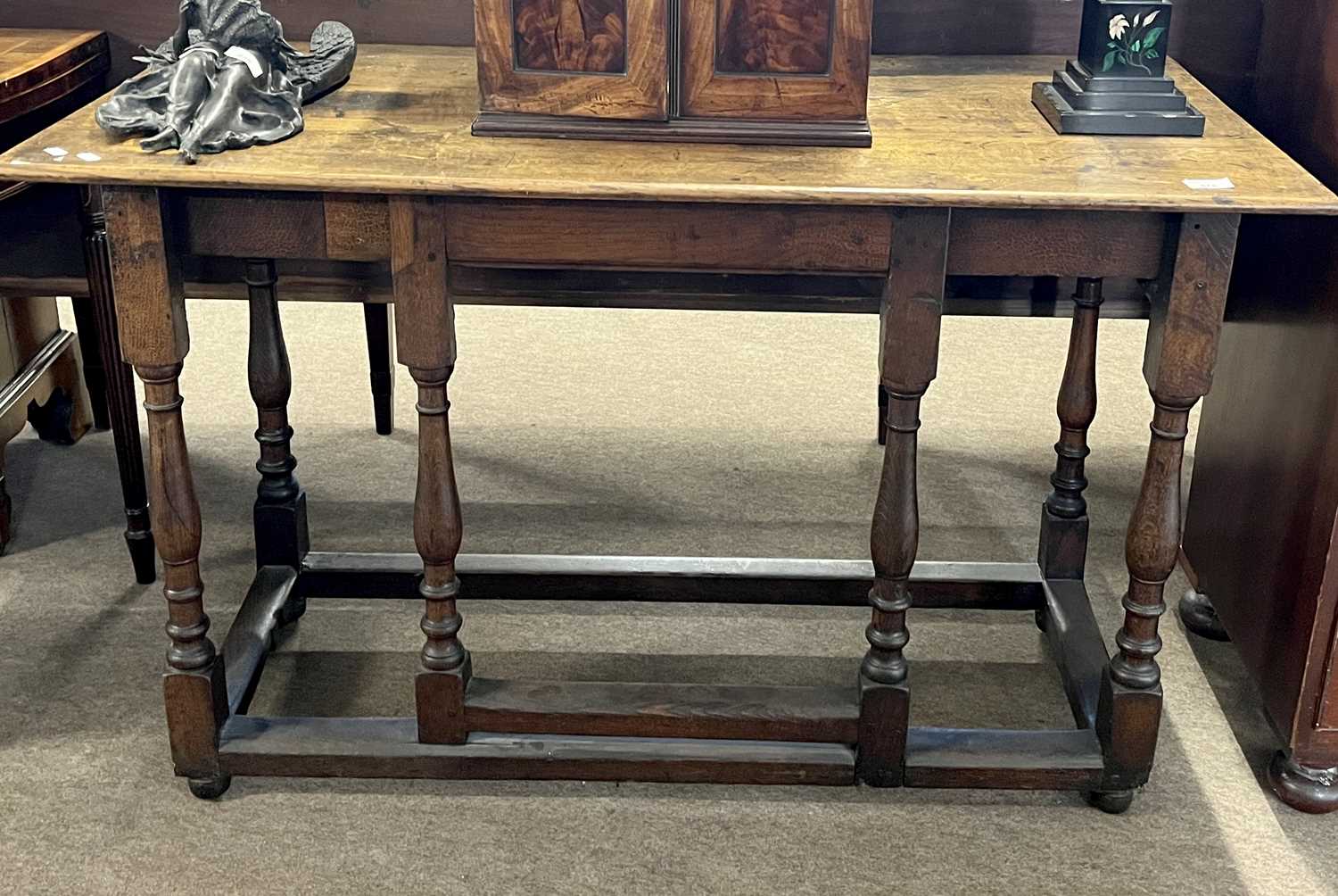 Rectangular oak hall table, the base constructed from an 18th Century gate leg table frame, 116cm - Image 2 of 3