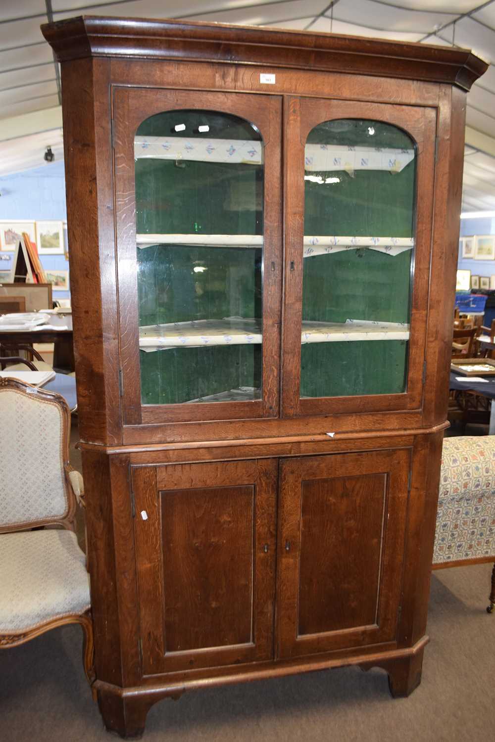Large 19th Century oak two piece floor standing corner cabinet with glazed top section over a
