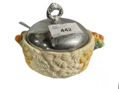 A Clarice Cliff Celtic Harvest sugar bowl with plated white metal lid