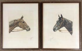 J.Rivet (French, 20th century), A pair of horse head portraits, lithographs in colour, signed in