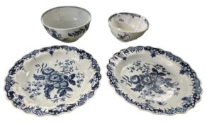 Two Worcester porcelain bowls circa 1770 with two small Worcester porcelain pine cone plates (
