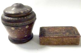 Mixed Lot: A treen string box of circular form decorated with inlaid metal work detail together with