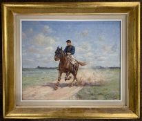 French School, circa 20th century, Equestrian scene of a Horse rider racing along a dirt track,