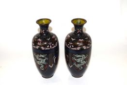 A pair of early 20th Century Cloisonne vases with typical designs, 23cm high