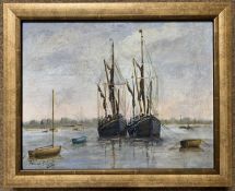 Rowland Fisher RSMA (British,1885-1969), Tall mast ships and moored boats, oil on board, signed,