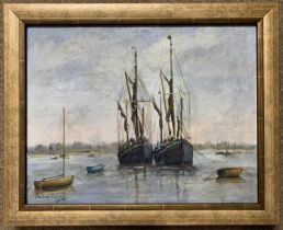 Rowland Fisher RSMA (British,1885-1969), Tall mast ships and moored boats, oil on board, signed,