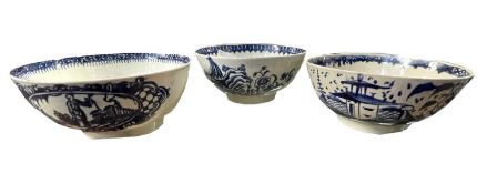 A Caughley porcelain bowl in the Fisherman pattern together with a Liverpool example and one other