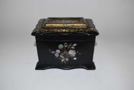 Late 19th/early 20th Century tea caddy, the black painted wooden box with mother of pearl inlay