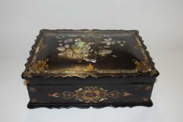 An early 20th Century sewing box with mother of pearl inlay