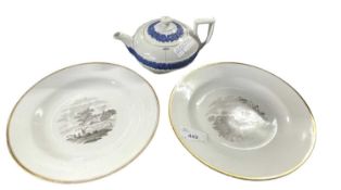 A 19th Century Wedgwood teapot and two Spode plates with back printed designs, 21cm diameter
