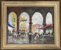 John Ambrose (British,1931-2010), 'Fish Market Venice', oil on canvas, signed, 38x49cm, framed