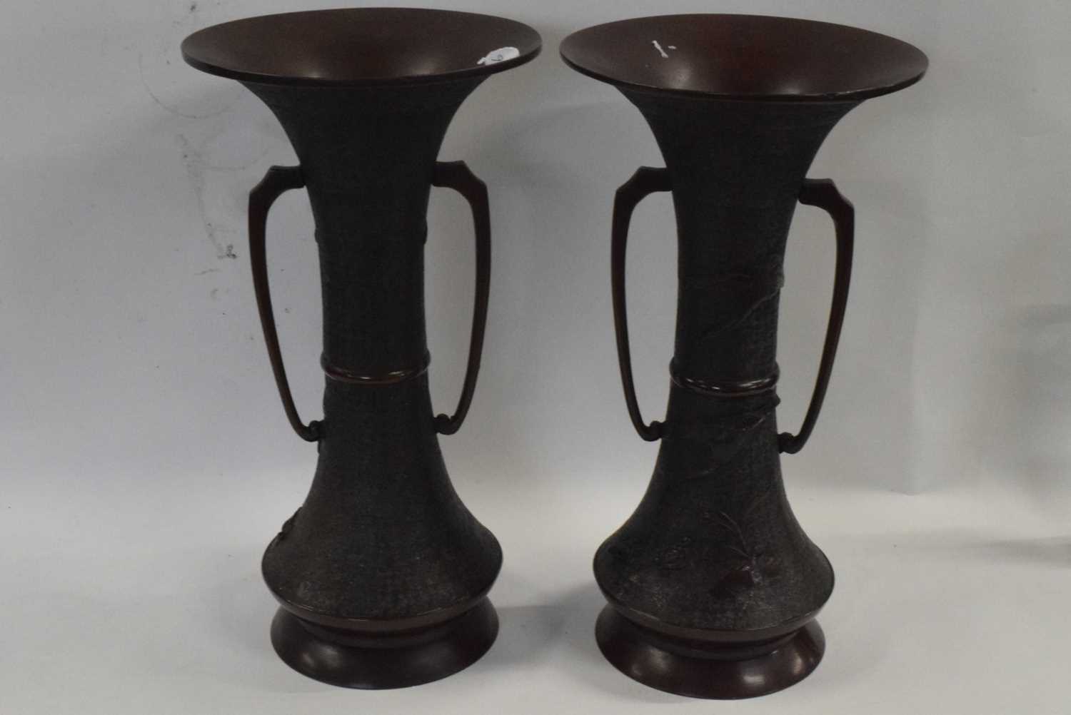 A pair of Japanese bronze vases with flared rims and applied decoration of flowers and birds, 38cm - Image 4 of 6