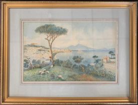 Attributed to Giuseppe Musemesi (Italian, 20th century) "Napoli", watercolour, signed, 26x41cm,