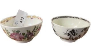 Two Lowestoft porcelain tea bowls, one with Curtis design of flowers with further similar tea
