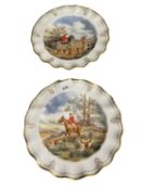 A pair of Royal Crown Derby plates with hand painted hunting scenes, signed by Scott within shaped