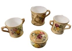 A group of 20th Century Worcester blush ground miniature wares, all painted with flowers, comprising