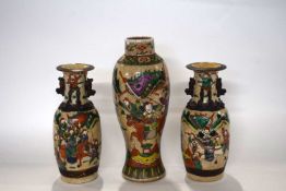 Group of three Chinese crackle ware vases all with famille vert designs, largest 30cm high