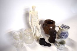 Group of pottery and glass wares including a stone ware jug, Parian type figure, carved wooden boot,