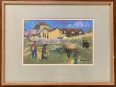 Derek Inwood (British, 20th century), Donkey and Nuns, Cyprus, pastel, signed, 20x30cm, framed and