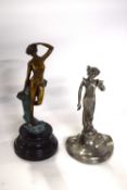 White metal Art Nouveau model of a lady on shaped base together with a further bronze type Art
