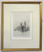 Roland Longmaid RA (British,1897-1956), 'Thames at Westminster', etching, signed, 20x15cm, framed