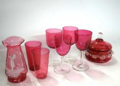 Group of cranberry glass wares including small box and cover, vase with Mary Gregory type design and