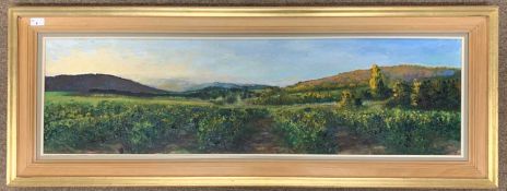 Pierre Roussel (French, 1927-1995), French landscape, oil on canvas, signed, 33x117cm, framed