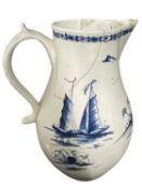 A Lowestoft porcelain large jug with a painted Chinoiserie scene of a man fishing, 18cm high (a/f)