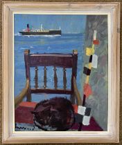 Derek Inwood (British, 20th century), 'Cat and Passing Ship', oil on board, signed, 38x48cm, framed