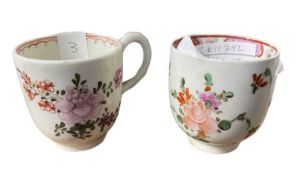 Two Lowestoft porcelain coffee cups with floral designs, circa 1770