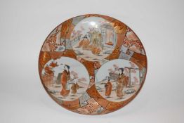 Japanese porcelain charger Meiji period, the charger with three roundels of Japanese characters in
