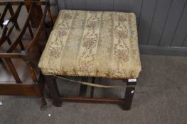 18th Century mahogany framed stool with H formed stretcher, top 49cm square Fabric worn, general