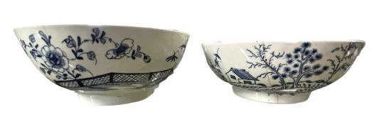 Two Lowestoft porcelain bowls with blue and white designs (both a/f), largest 16cm diameter