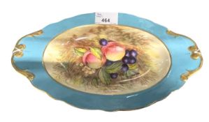 An Aynsley dish, the centre with a fruit design by D Jones within pale blue borders, 26cm long