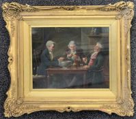 English school, interior scene with seated gentlemen, 22x28cm, gilt framed, glazed