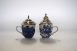 Two 18th Century Chinese porcelain cups, both with white metal covers