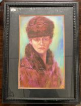 20th century portrait of a lady wearing a Ushanka and fur coat, oil on board,13x21ins, framed and