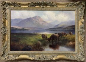 Henry Robinson Hall (British,1859-1927), Highland Cattle Loch Venachar, oil on canvas, signed,