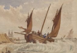 Thomas Lound (British,1802-1861), Fishing boats with Pakefield Church in the distance, watercolour