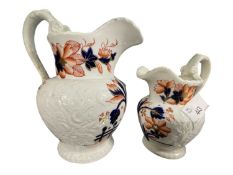 Two 19th Century English porcelain jugs painted in Imari style, pattern 177, largest 15cm high