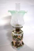 Late 19th Century continental porcelain lamp base with shade, the reservoir supported by four