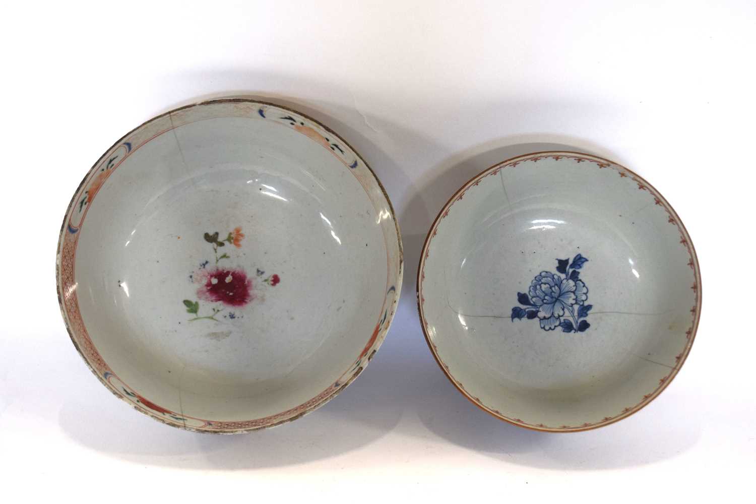 Two 18th Century Chinese porcelain bowls, both with floral designs (both a/f)