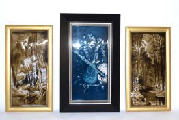 Group of three framed pottery tiles, one with Barbotine effect, probably French, all in frames,