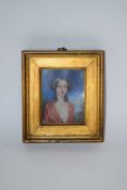 A small watercolour of a lady together with a further framed porcelain plaque of a Levantine lady,