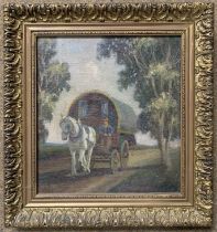 In the manner of Geoffrey Mortimer (British, 20th century) Gypsy Caravan, oil on board, 26x29cm,