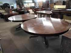 Pair of good quality large reproduction mahogany veneered pedestal dining tables with circular