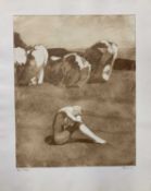 Attributed to Christopher Peakome (British, 20th century), Sepia aquatint 'Triad', signed and